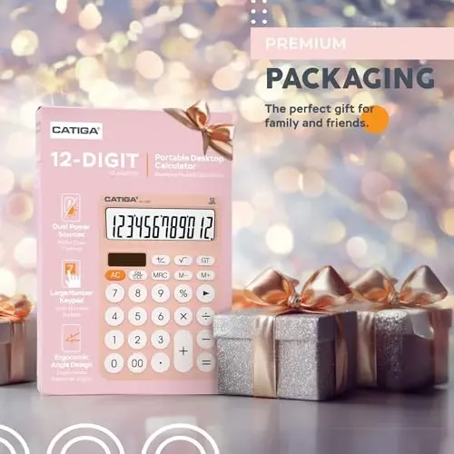 CATIGA 12 Digit Desktop Calculator Basic Desk Calculator with Large LCD Display, Big Buttons, 4 Function, Solar and Battery Dual Power, for Office, School, Home, SD-1292 Pink 