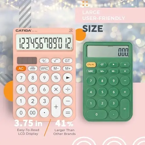CATIGA 12 Digit Desktop Calculator Basic Desk Calculator with Large LCD Display, Big Buttons, 4 Function, Solar and Battery Dual Power, for Office, School, Home, SD-1292 Pink - CATIGA (1)