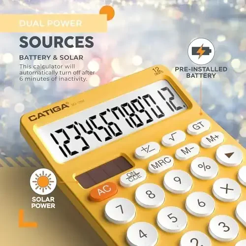 CATIGA 12 Digit Desktop Calculator Basic Desk Calculator with Large LCD Display, Big Buttons, 4 Function, Solar and Battery Dual Power, for Office, School, Home, SD-1292 Yellow - 4