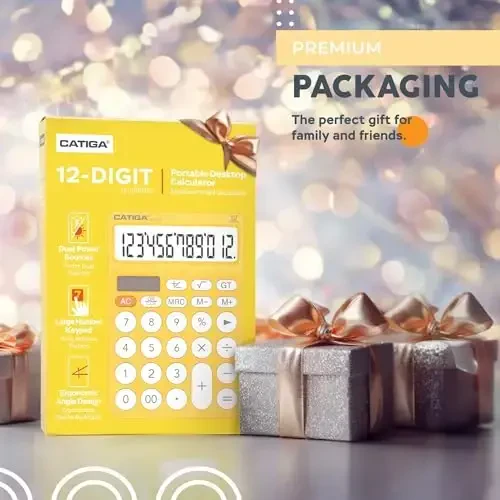 CATIGA 12 Digit Desktop Calculator Basic Desk Calculator with Large LCD Display, Big Buttons, 4 Function, Solar and Battery Dual Power, for Office, School, Home, SD-1292 Yellow 