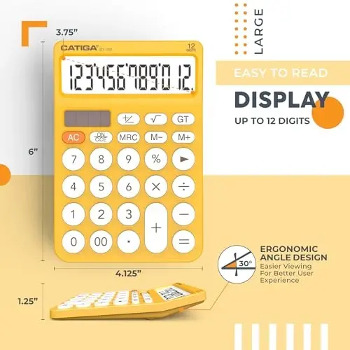 CATIGA 12 Haneli Masaüstü Hesap Makinesi Büyük LCD Ekranlı Temel Masa Hesap Makinesi, Büyük Düğmeler, 4 İşlev, Güneş ve Pil Çift Güç, Ofis, Okul, Ev için, SD-1292 Sarı - CATIGA (1)