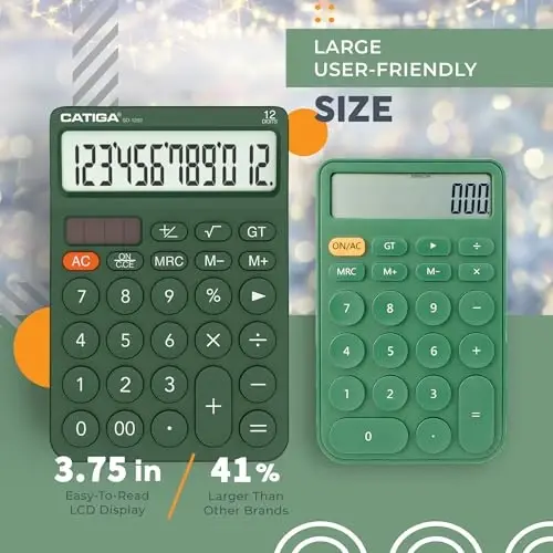 CATIGA 12 Digit Desktop Calculator Basic Desk Calculator with Large LCD Display, Big Buttons, 4 Function, Solar and Battery Dual Power, for Office, School, Home, SD-1292 Green - 2