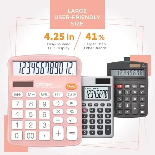 CATIGA 12 Digits Desktop Calculator with Large LCD Display and Sensitive Button, Dual Solar Power and Battery, Standard Function for Office, Home, School, CD-2786(Light Pink) 