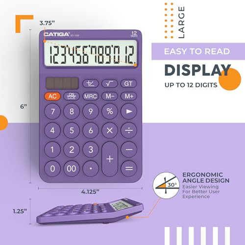 CATIGA 12 Haneli Masaüstü Hesap Makinesi Geniş LCD Ekranlı, 4 İşlemli Hesap Makinesi, Yuvarlak Tasarım Büyük Tuşlar, Güneş ve Pil ile Çift Güç, Standart İşlevli Ofis, Ev, Okul için, SD-1292 - 3