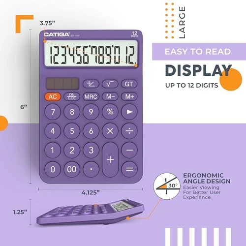 CATIGA 12 Digit Desktop Calculator Basic Desk Calculator with Large LCD Display, Big Buttons, 4 Function, Solar and Battery Dual Power, for Office, School, Home, SD-1292 Purple - 4