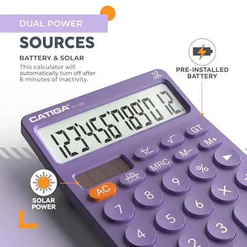 CATIGA 12 Digit Desktop Calculator Basic Desk Calculator with Large LCD Display, Big Buttons, 4 Function, Solar and Battery Dual Power, for Office, School, Home, SD-1292 Purple - 5