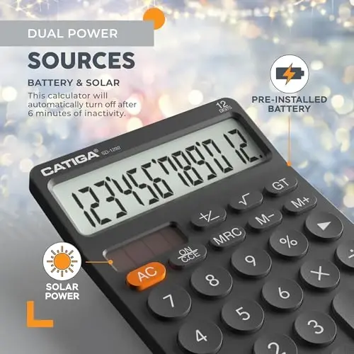 CATIGA 12 Digit Desktop Calculator with Large LCD Display, 4 Funtions Calculator, Round Design Big Button, Solar and Battery Dual Power, Standard Function for Office, Home, School, SD-1292 - 4