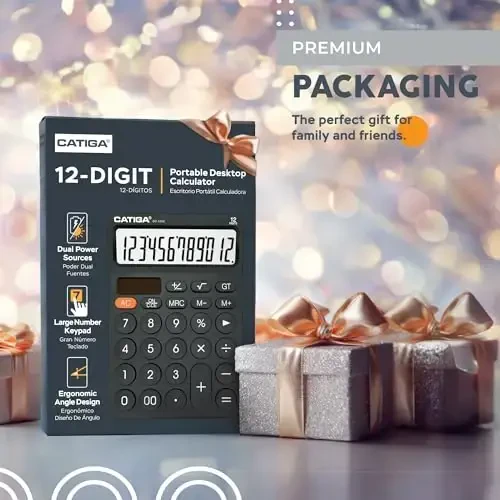 CATIGA 12 Digit Desktop Calculator with Large LCD Display, 4 Funtions Calculator, Round Design Big Button, Solar and Battery Dual Power, Standard Function for Office, Home, School, SD-1292 