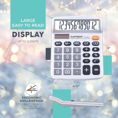 CATIGA 12 Digits Desktop Calculator with Large LCD Display, Dual Solar Power and Battery, Standard Function for Office, Home, School, CD-2786 - 3