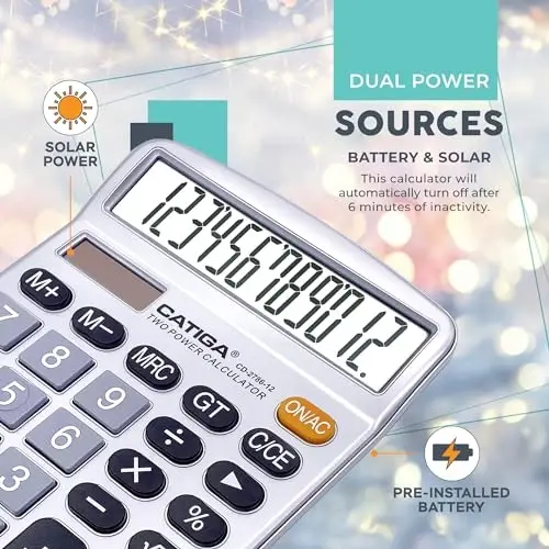 CATIGA 12 Digits Desktop Calculator with Large LCD Display, Dual Solar Power and Battery, Standard Function for Office, Home, School, CD-2786 - 4