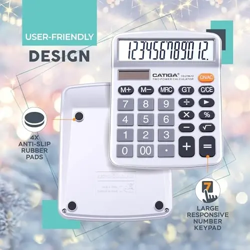 CATIGA 12 Digits Desktop Calculator with Large LCD Display, Dual Solar Power and Battery, Standard Function for Office, Home, School, CD-2786 - 5