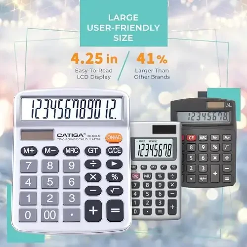 CATIGA 12 Digits Desktop Calculator with Large LCD Display, Dual Solar Power and Battery, Standard Function for Office, Home, School, CD-2786 - 2