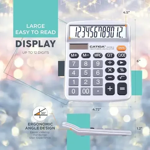 CATIGA 12 Digits Desktop Calculator with Large LCD Display, Dual Solar Power and Battery, Standard Function for Office, Home, School, CD-2786 - 3