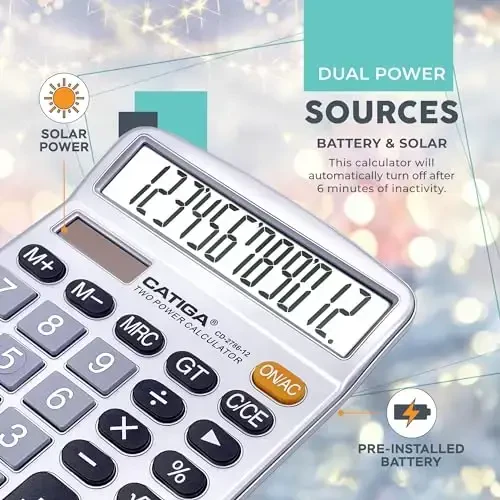 CATIGA 12 Digits Desktop Calculator with Large LCD Display, Dual Solar Power and Battery, Standard Function for Office, Home, School, CD-2786 - 4