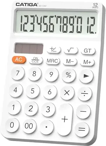 CATIGA 12 Digit Desktop Calculator Basic Desk Calculator with Large LCD Display, Big Buttons, 4 Function, Solar and Battery Dual Power, for Office, School, Home, SD-1292 White - 7