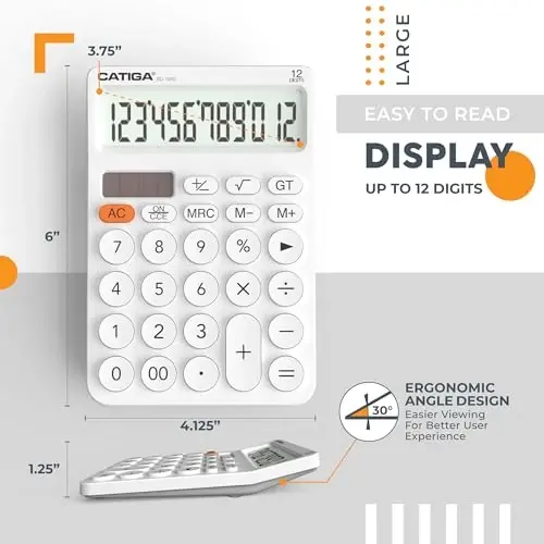 CATIGA 12 Haneli Masaüstü Hesap Makinesi Geniş LCD Ekranlı Temel Masa Hesap Makinesi, Büyük Düğmeler, 4 İşlev, Güneş ve Pil Çift Güç, Ofis, Okul, Ev için, SD-1292 Beyaz - CATIGA (1)