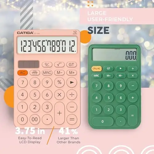 CATIGA 12 Digit Desktop Calculator Basic Desk Calculator with Large LCD Display, Big Buttons, 4 Function, Solar and Battery Dual Power, for Office, School, Home, SD-1292 Pink - 1