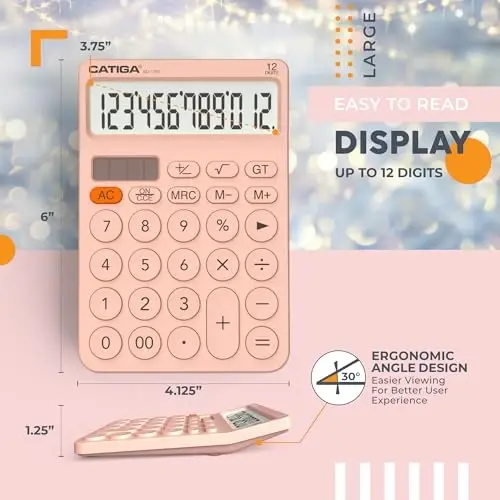 CATIGA 12 Digit Desktop Calculator Basic Desk Calculator with Large LCD Display, Big Buttons, 4 Function, Solar and Battery Dual Power, for Office, School, Home, SD-1292 Pink - 3