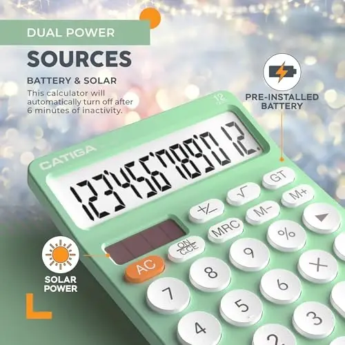 CATIGA 12 Digit Desktop Calculator Basic Desk Calculator with Large LCD Display, Big Buttons, 4 Function, Solar and Battery Dual Power, for Office, School, Home, SD-1292 Mint - 4