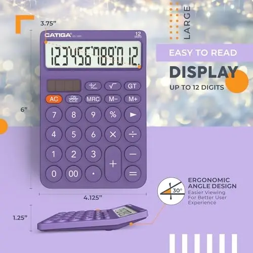 CATIGA 12 xonali katta hisoblagichi katta LCD displeyli, 4 funksiyali hisoblagich, dumaloq dizayndagi katta tugmachalar, quyosh va batareya orqali ikki tomonlama quvvat, standart funksiyali ofis, uy, maktab uchun, SD-1292 - 3