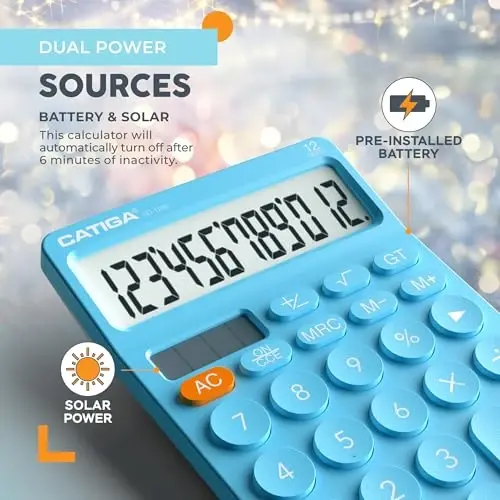 CATIGA 12 Digit Desktop Calculator Basic Desk Calculator with Large LCD Display, Big Buttons, 4 Function, Solar and Battery Dual Power, for Office, School, Home, SD-1292 Blue - 4