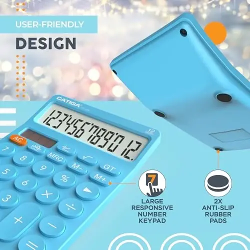 CATIGA 12 Digit Desktop Calculator Basic Desk Calculator with Large LCD Display, Big Buttons, 4 Function, Solar and Battery Dual Power, for Office, School, Home, SD-1292 Blue - 5