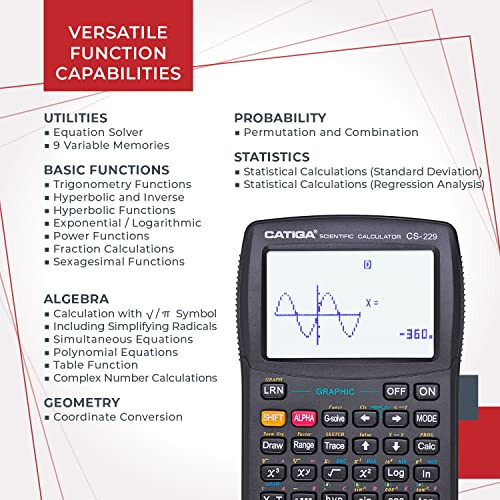 CATIGA CS229 Bilimsel Hesap Makinesi Grafik Fonksiyonlarla, Yeni Başlayanlar ve Gelişmiş Dersler İçin Sezgisel Kullanıcı Arayüzüyle Birden Çok Mod - 4