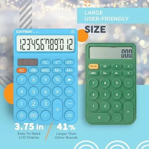 CATIGA Desk Calculator with 4 Functions, Cute Basic Calculator for Kids with Round Big Button, Large Display for School and Office, Dual Power, SD-1292 Blue - 2