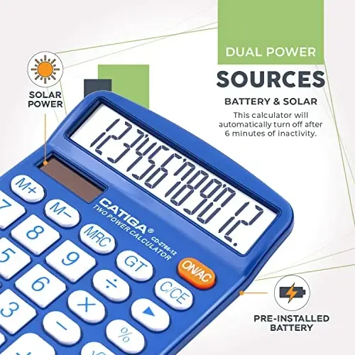 CATIGA Desktop Calculator 12 Digit with Large LCD Display and Sensitive Button, Solar and Battery Dual Power, Standard Function for Office, Home, School, CD-2786 - 3