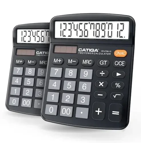 CATIGA Desktop Calculator (2 Pack) 12 Digit with Large LCD Display and Sensitive Button, Solar and Battery Dual Power, Standard Function for Office, Home, School, CD-2786 (2 Black) - 7