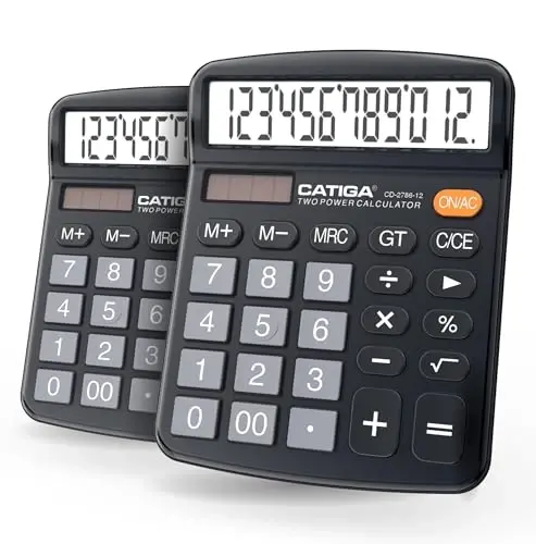 CATIGA Desktop Calculator (2 Pack) 12 Digit with Large LCD Display and Sensitive Button, Solar and Battery Dual Power, Standard Function for Office, Home, School, CD-2786 (2 Black) - 6