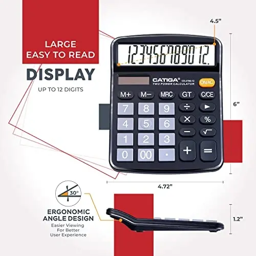 CATIGA Desktop Calculator (2 Pack) 12 Digit with Large LCD Display and Sensitive Button, Solar and Battery Dual Power, Standard Function for Office, Home, School, CD-2786 (2 Black) - 2