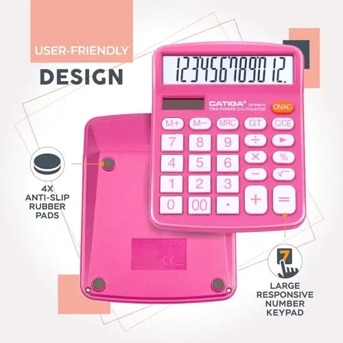 CATIGA Desktop Calculator (2 Pack) 12 Digit with Large LCD Display and Sensitive Button, Solar and Battery Dual Power, Standard Function for Office, Home, School, CD-2786 (Blue/Pink) - 5