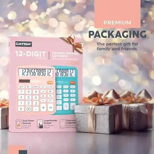 CATIGA Desktop Calculator (2 Pack) 12 Digit with Large LCD Display and Sensitive Button, Solar and Battery Dual Power, Standard Function for Office, Home, School, CD-2786 (Light Blue/Light Pink) - CATIGA