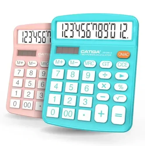 CATIGA Desktop Calculator (2 Pack) 12 Digit with Large LCD Display and Sensitive Button, Solar and Battery Dual Power, Standard Function for Office, Home, School, CD-2786 (Light Blue/Light Pink) - 7