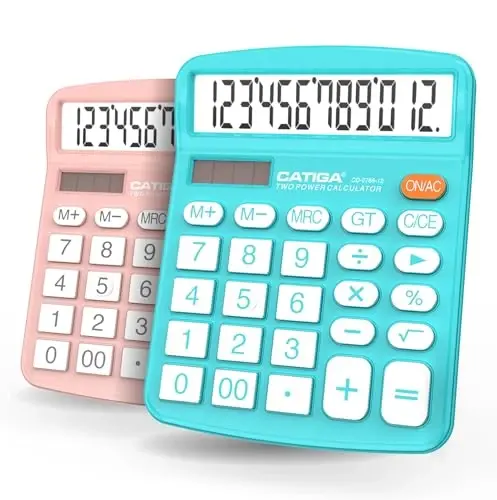CATIGA Desktop Calculator (2 Pack) 12 Digit with Large LCD Display and Sensitive Button, Solar and Battery Dual Power, Standard Function for Office, Home, School, CD-2786 (Light Blue/Light Pink) - 5