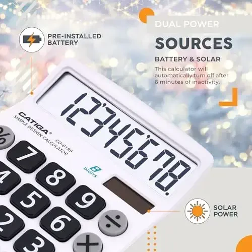 CATIGA Desktop Calculator 8 Digit with Solar Power and Easy to Read LCD Display, Big Buttons, for Home, Office, School, Class and Business, 4 Function Small Basic Calculators for Desk, CD-8185 - 2