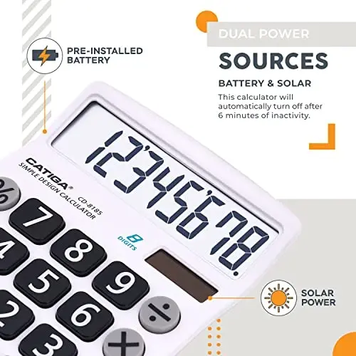 CATIGA Desktop Calculator 8 Digit with Solar Power and Easy to Read LCD Display, Big Buttons, for Home, Office, School, Class and Business, 4 Function Small Basic Calculators for Desk, CD-8185 - 2