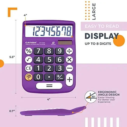 CATIGA Desktop Calculator 8 Digit with Solar Power and Easy to Read LCD Display, Big Buttons, for Home, Office, School, Class and Business, 4 Function Small Basic Calculators for Desk, CD-8185 