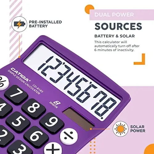 CATIGA Desktop Calculator 8 Digit with Solar Power and Easy to Read LCD Display, Big Buttons, for Home, Office, School, Class and Business, 4 Function Small Basic Calculators for Desk, CD-8185 - CATIGA (1)