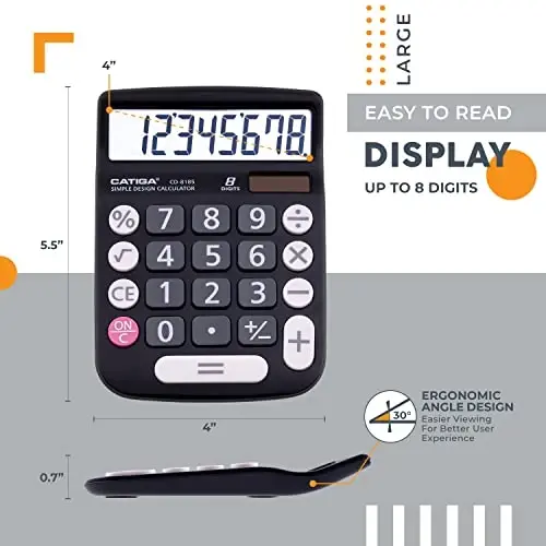 CATIGA Desktop Calculator 8 Digit with Solar Power and Easy to Read LCD Display, Big Buttons, for Home, Office, School, Class and Business, 4 Function Small Basic Calculators for Desk, CD-8185 Black - CATIGA