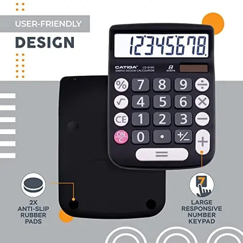 CATIGA Desktop Calculator 8 Digit with Solar Power and Easy to Read LCD Display, Big Buttons, for Home, Office, School, Class and Business, 4 Function Small Basic Calculators for Desk, CD-8185 Black - 3