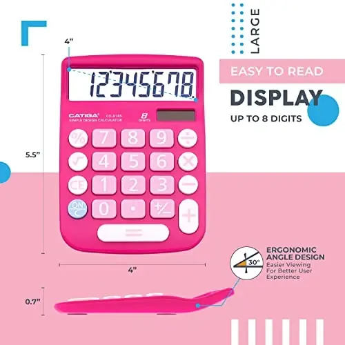 CATIGA Ish stoli kalkulyatori 8 xonali quyosh energiyasi va oʻqish oson LCD displey, katta tugmalar, uy, ofis, maktab, sinf va biznes uchun, 4 funksiyali kichik asosiy kalkulyatorlar, CD-8185 - 2