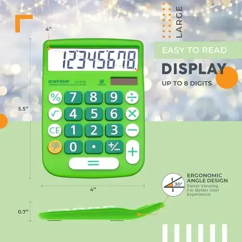CATIGA Ish stoli Kalkulyatori 8 xonali quyosh energiyasi va oson o'qiladigan LCD displey, katta tugmalar, uy, ofis, maktab, sinf va biznes uchun, 4 funktsiyali kichik asosiy kalkulyatorlar, CD-8185 - 3