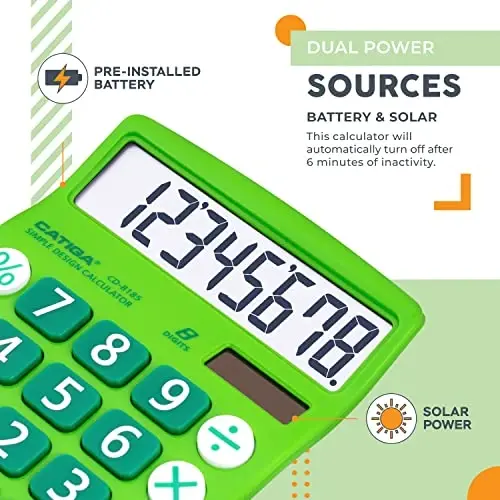 CATIGA Ish stoli Kalkulyatori 8 xonali quyosh energiyasi va oson o'qiladigan LCD displey, katta tugmalar, uy, ofis, maktab, sinf va biznes uchun, 4 funktsiyali kichik asosiy kalkulyatorlar, CD-8185 - 2