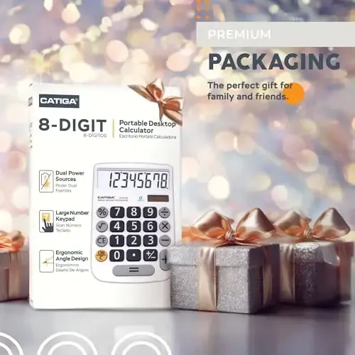 CATIGA Ish stoli kalkulyatori 8 xonali quyosh energiyasi va oson o'qiladigan LCD displey, katta tugmalar, uy, ofis, maktab, sinf va biznes uchun, stol uchun 4 funktsiyali kichik asosiy kalkulyatorlar, CD-8185 - CATIGA