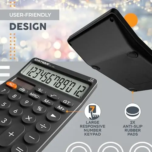 CATIGA Katta LCD displeyli 12 xonali stol usti kalkulyatori, 4 funksiyali kalkulyator, dumaloq dizaynli katta tugma, quyosh va batareya bilan ikki tomonlama quvvat, ofis, uy, maktab uchun standart funksiya, SD-1292 - 5