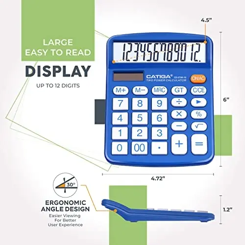 CATIGA Desktop Calculator 12 Digit with Large LCD Display and Sensitive Button, Solar and Battery Dual Power, Standard Function for Office, Home, School, CD-2786 - 2