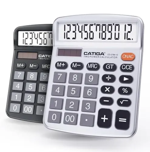 CATIGA Desktop Calculator (2 Pack) 12 Digit with Large LCD Display and Sensitive Button, Solar and Battery Dual Power, Standard Function for Office, Home, School, CD-2786 (Black/Silver) 