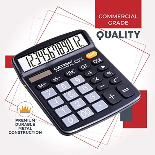 CATIGA Desktop Calculator (2 Pack) 12 Digit with Large LCD Display and Sensitive Button, Solar and Battery Dual Power, Standard Function for Office, Home, School, CD-2786 (Black/Silver) - 5